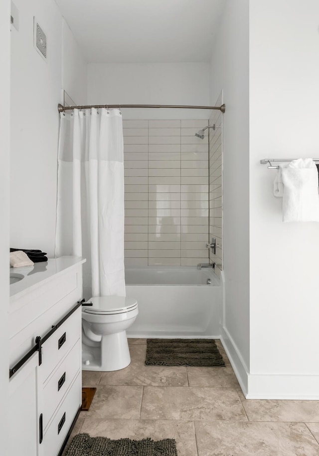 full bathroom with vanity, toilet, and shower / bath combo with shower curtain