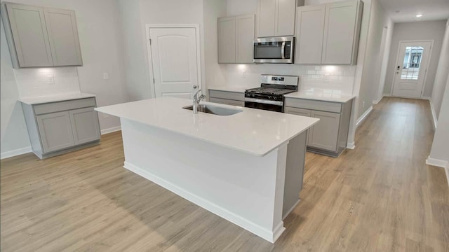 kitchen featuring appliances with stainless steel finishes, tasteful backsplash, and gray cabinets