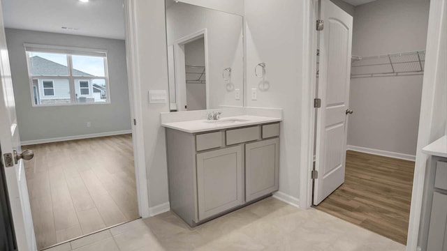 bathroom with hardwood / wood-style floors and vanity