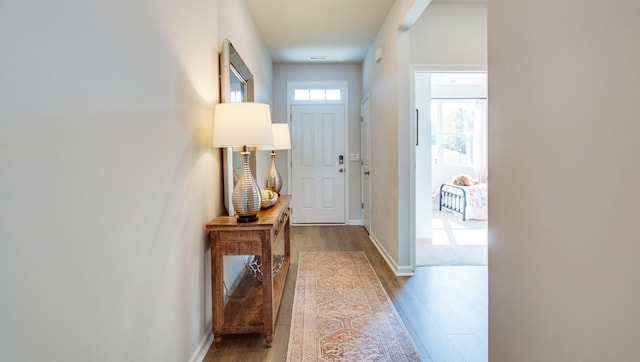 doorway to outside with wood-type flooring