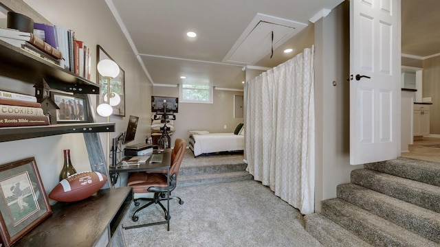 bedroom featuring ornamental molding and carpet flooring