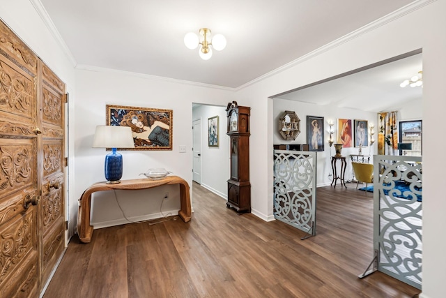 interior space with ornamental molding and wood-type flooring