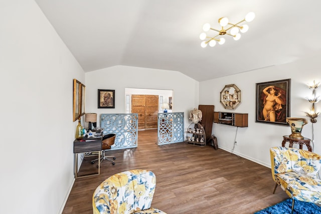 office area with hardwood / wood-style flooring, a chandelier, and vaulted ceiling