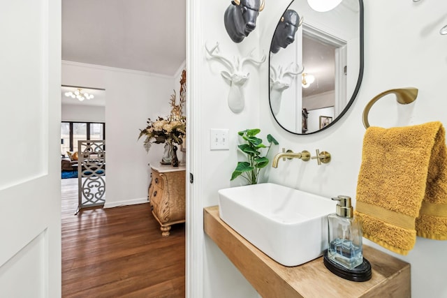 bathroom featuring sink, hardwood / wood-style flooring, and ornamental molding