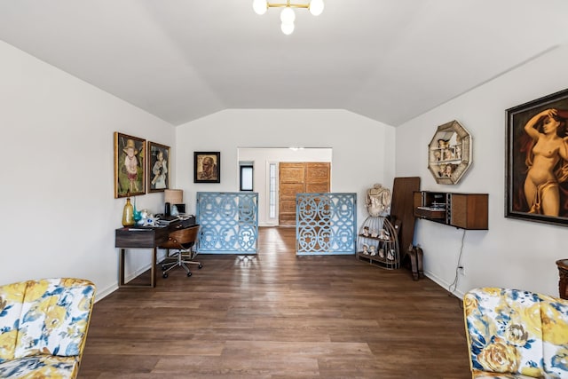 office space featuring dark wood-type flooring and lofted ceiling