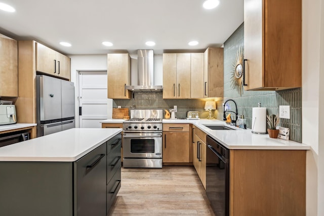 kitchen featuring wall chimney exhaust hood, stainless steel appliances, decorative backsplash, sink, and light wood-type flooring