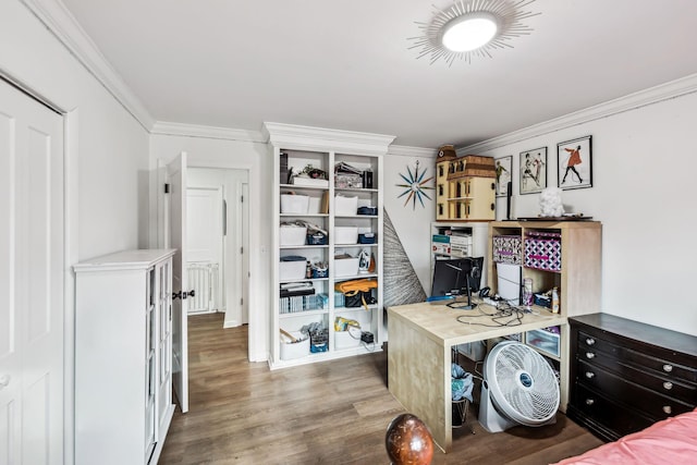 office featuring ornamental molding and hardwood / wood-style floors