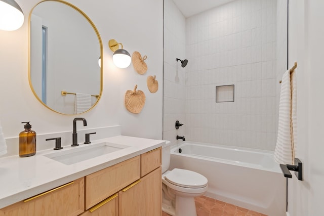 full bathroom with vanity, washtub / shower combination, toilet, and tile patterned flooring