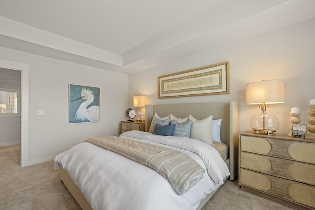 carpeted bedroom with a raised ceiling