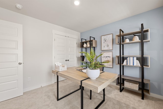 home office with light colored carpet