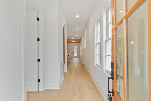 hall with light hardwood / wood-style flooring and a wealth of natural light