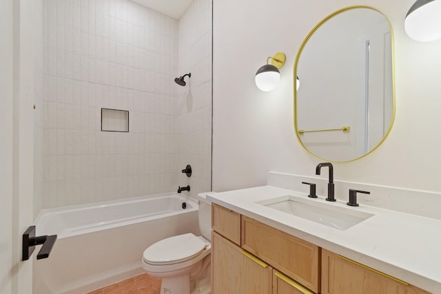 full bathroom with vanity, toilet, bathtub / shower combination, and tile patterned flooring