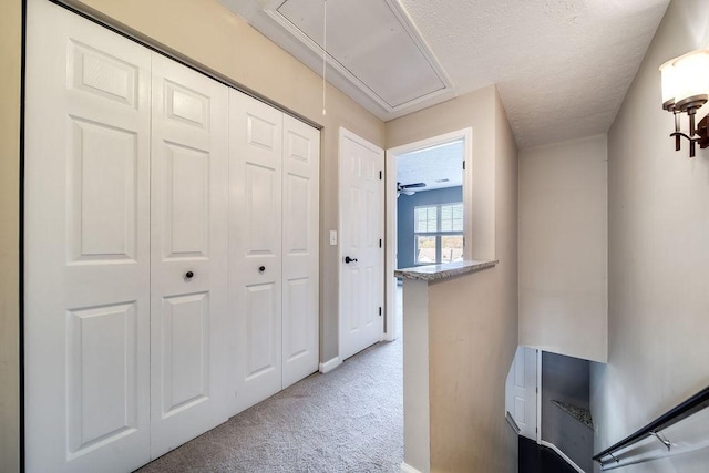 hall with carpet and a textured ceiling