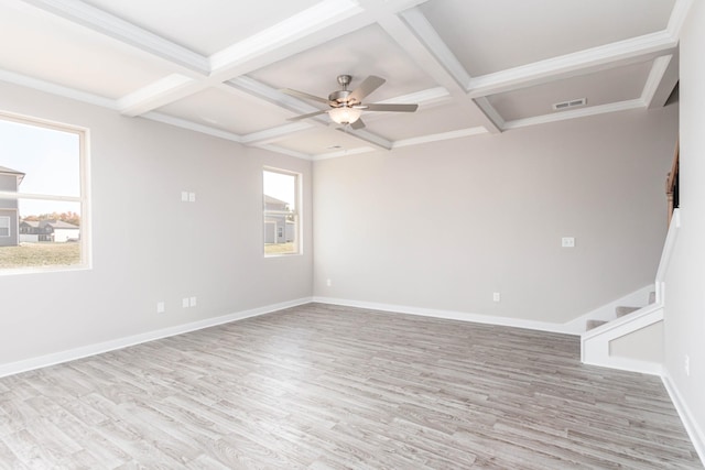 empty room with light wood-type flooring, coffered ceiling, beam ceiling, and plenty of natural light