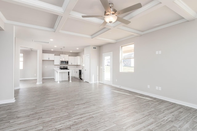 unfurnished living room featuring light hardwood / wood-style floors, ceiling fan, beamed ceiling, and coffered ceiling