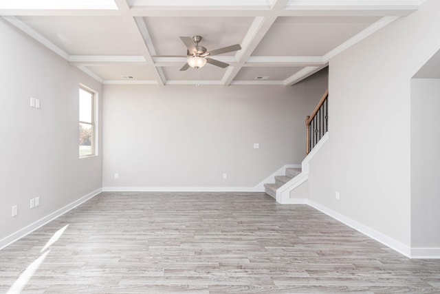 empty room with beamed ceiling, ornamental molding, light wood-type flooring, ceiling fan, and coffered ceiling