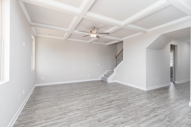 spare room featuring coffered ceiling, ceiling fan, beam ceiling, and light hardwood / wood-style floors