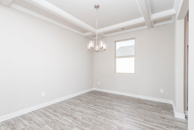 unfurnished room featuring beam ceiling, an inviting chandelier, light wood-type flooring, crown molding, and coffered ceiling