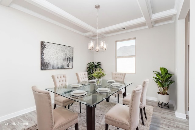 dining space with coffered ceiling, beamed ceiling, light hardwood / wood-style flooring, and an inviting chandelier