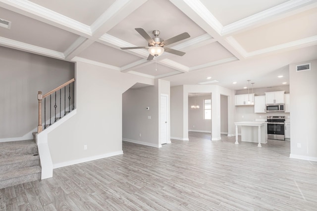 unfurnished living room with light hardwood / wood-style floors, beamed ceiling, and coffered ceiling