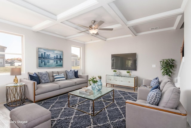 living room with coffered ceiling, hardwood / wood-style flooring, beam ceiling, and ceiling fan