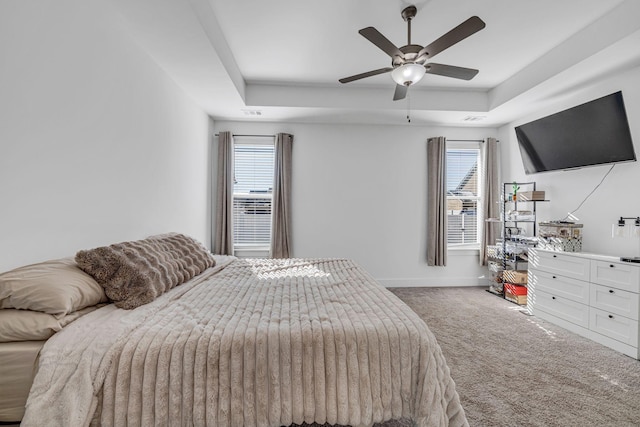 bedroom with ceiling fan, a raised ceiling, carpet floors, and multiple windows