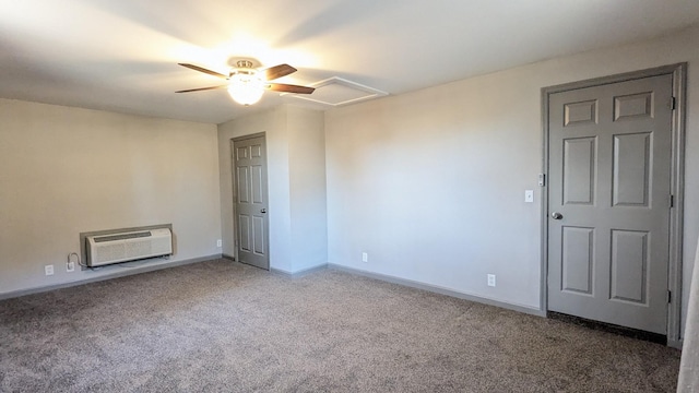 empty room with ceiling fan, carpet, and an AC wall unit