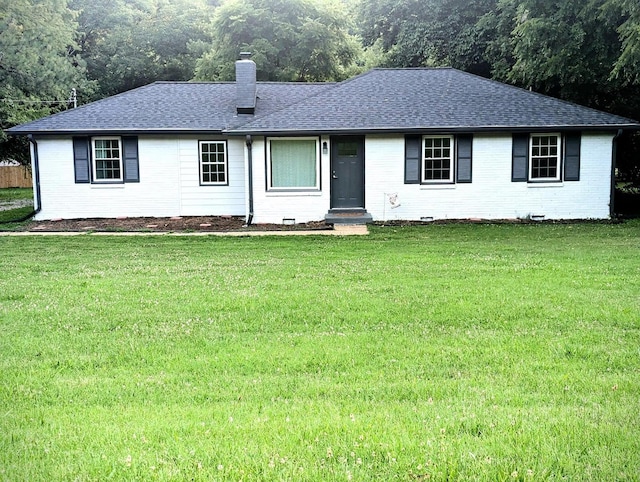 ranch-style house with entry steps, a chimney, roof with shingles, crawl space, and brick siding