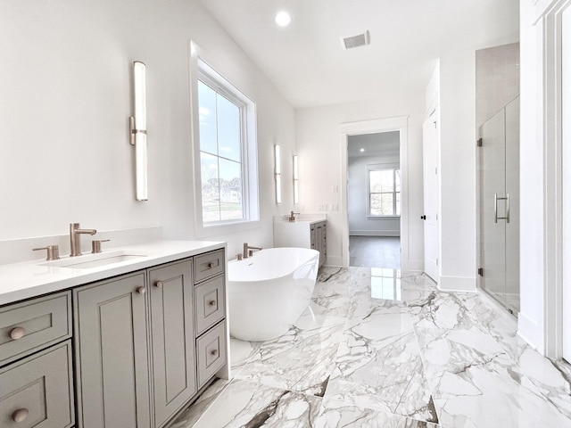 bathroom featuring independent shower and bath and vanity