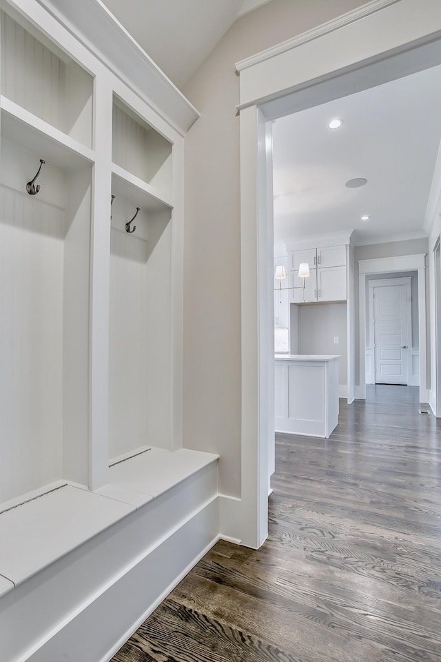 mudroom with dark hardwood / wood-style flooring and crown molding