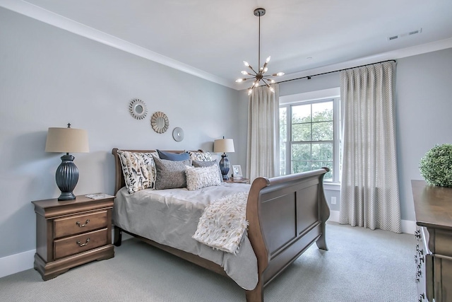 bedroom featuring ornamental molding, an inviting chandelier, and light carpet