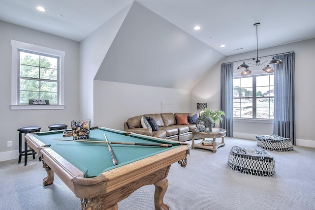 recreation room featuring billiards, vaulted ceiling, and carpet