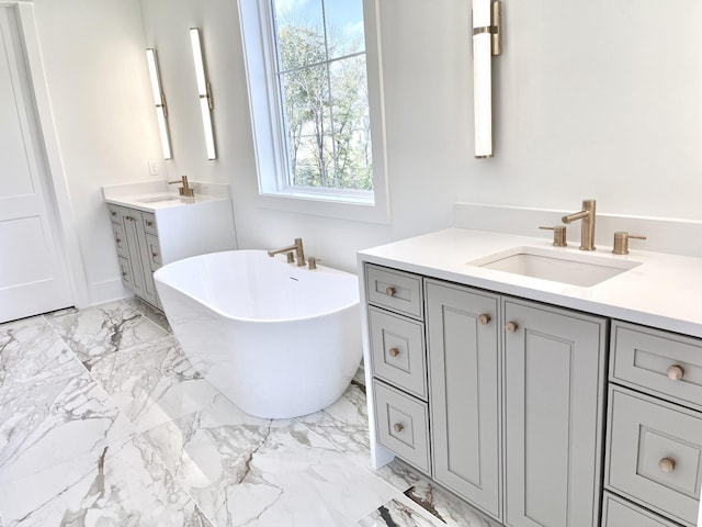 bathroom featuring vanity and a washtub