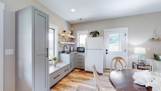 kitchen featuring sink, white refrigerator, and light hardwood / wood-style floors