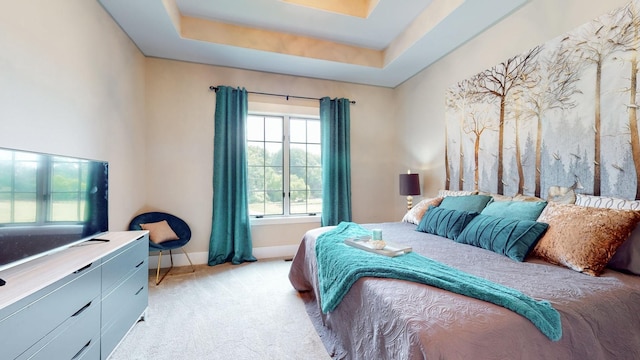 bedroom featuring light colored carpet and a tray ceiling