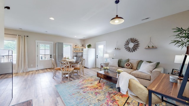 living room with light hardwood / wood-style flooring