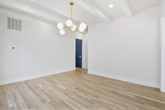 unfurnished room featuring beamed ceiling, an inviting chandelier, and light wood-type flooring