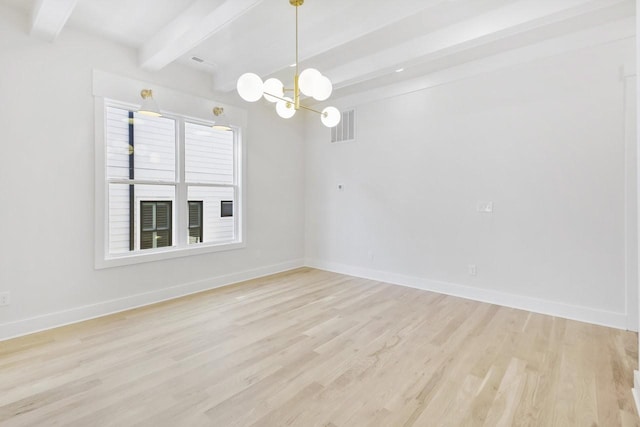 spare room with beam ceiling, a notable chandelier, and light wood-type flooring