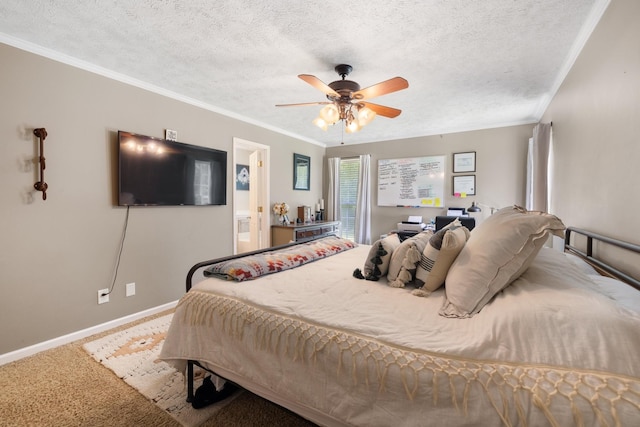 bedroom featuring crown molding, carpet flooring, a textured ceiling, and ceiling fan