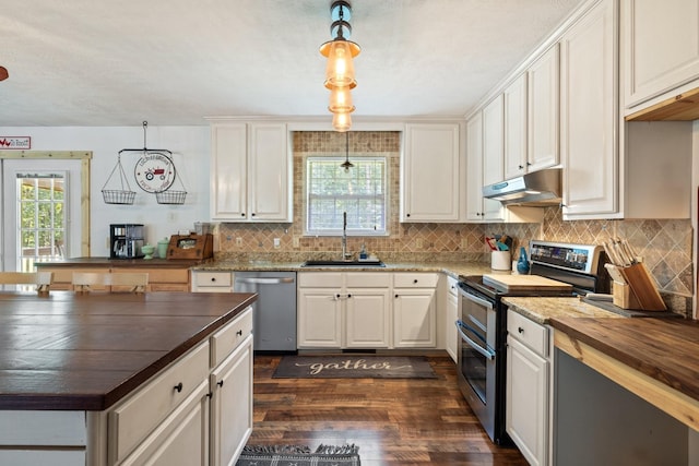 kitchen featuring pendant lighting, wooden counters, sink, appliances with stainless steel finishes, and white cabinetry