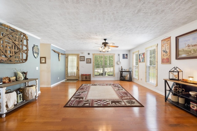 living room featuring ceiling fan, wood-type flooring, ornamental molding, and a textured ceiling