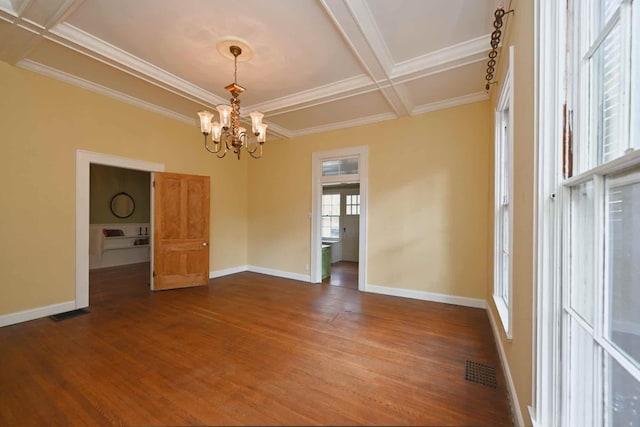 unfurnished dining area with crown molding, a notable chandelier, hardwood / wood-style flooring, beam ceiling, and coffered ceiling