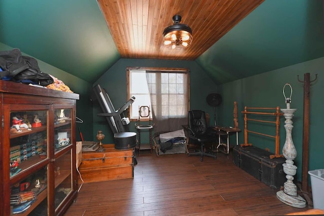 interior space featuring dark wood-type flooring and vaulted ceiling