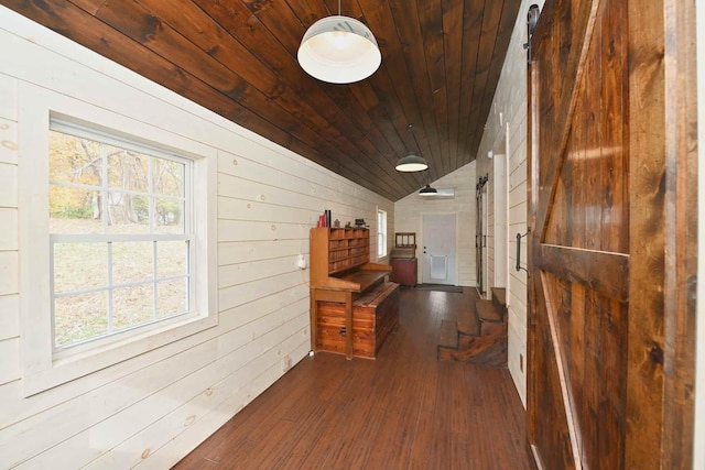 hallway featuring wooden ceiling, a barn door, wooden walls, dark hardwood / wood-style flooring, and lofted ceiling