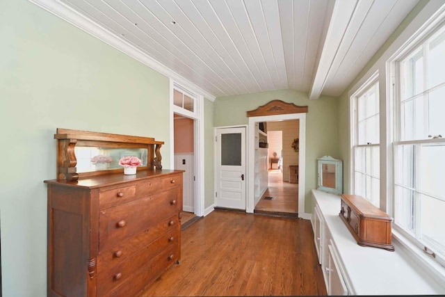 interior space featuring wood ceiling and dark hardwood / wood-style flooring