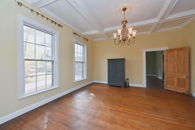 unfurnished dining area featuring dark wood-type flooring, ornamental molding, coffered ceiling, a chandelier, and beamed ceiling