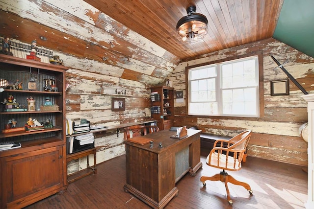 office with wooden ceiling, vaulted ceiling, dark hardwood / wood-style flooring, and wooden walls