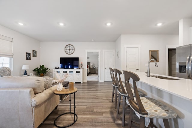 living room featuring dark hardwood / wood-style floors and sink