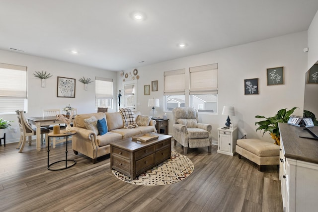 living room featuring dark hardwood / wood-style flooring and a wealth of natural light