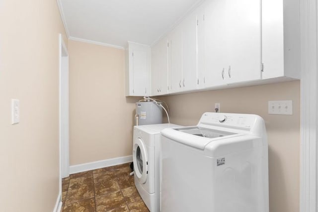 laundry area with electric water heater, cabinets, washer and clothes dryer, and ornamental molding